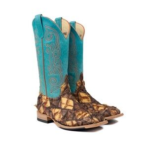 Horse Power Patchwork Exotic Leather Western Boots – Turquoise Shaft – 9.5